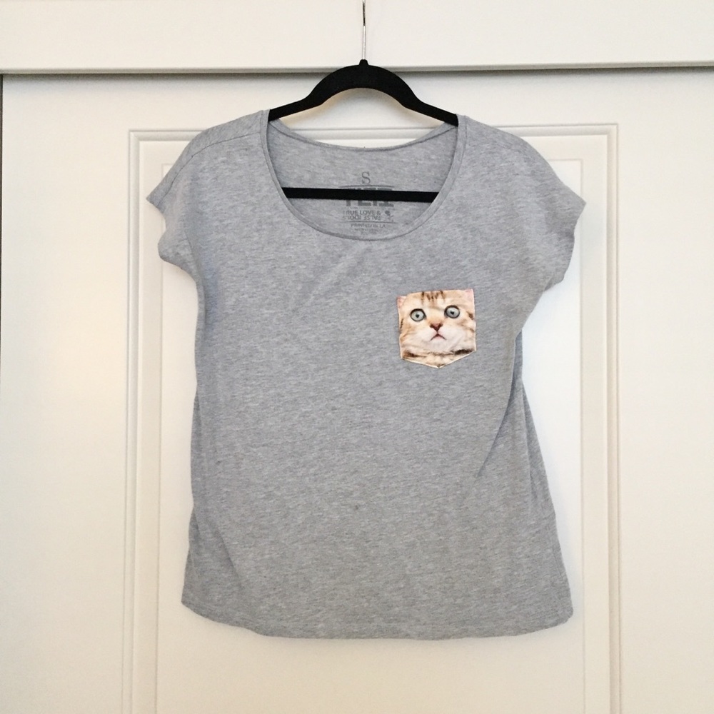 Cute Funny Cat Gray Pocket Tee Shirt
